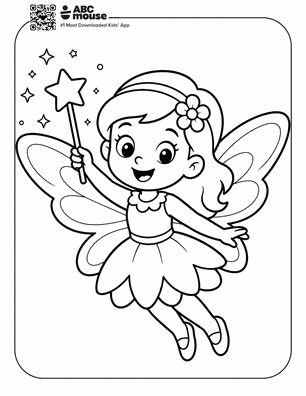 Smiling fairy with flower in hair, wearing a dress and wings, holding a star-tipped wand and floating among small stars.