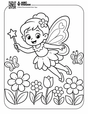 Cheerful winged fairy with a flower in her hair, holding a star wand, flying above a garden of flowers and two butterflies.