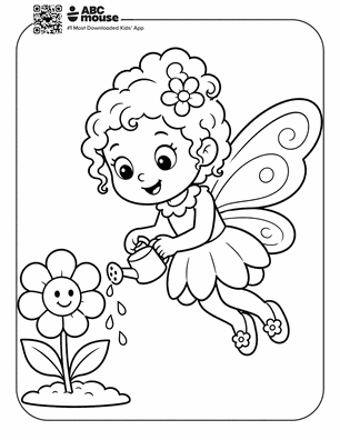Cheerful fairy with wings waters a smiling daisy with a watering can near a small pond edge.