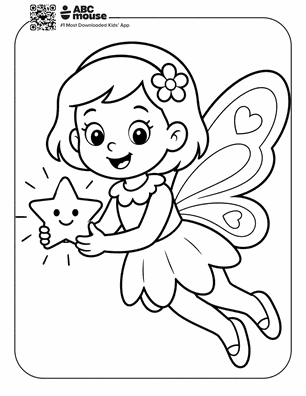 Line drawing of a cheerful young girl fairy with a flower in her hair, flying while holding a smiling star.