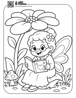 Cartoon fairy child with glasses sits among flowers, reading a book in a garden coloring page.