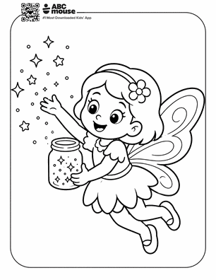 Young fairy with a flower in her hair releases sparkly stars from a jar as she flies with outstretched arms.
