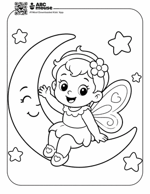 Cute fairy sitting on a crescent moon, surrounded by stars; a child coloring-page illustration.