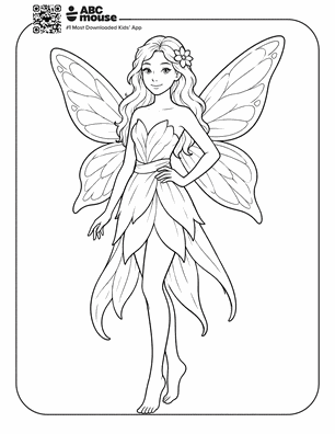 Line drawing of a fairy with large wings, a petal-shaped dress, and a flower in her hair, standing with hands on hips.