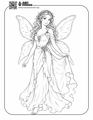 Line drawing of a graceful fairy with long curly hair and large wings, wearing a flowing gown, standing with one hand extended—usable as a coloring page.