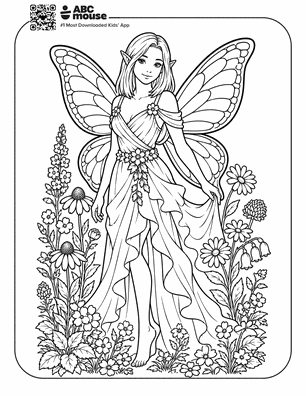 Line drawing of a fairy with large butterfly wings standing among flowers in a bordered coloring-page style.