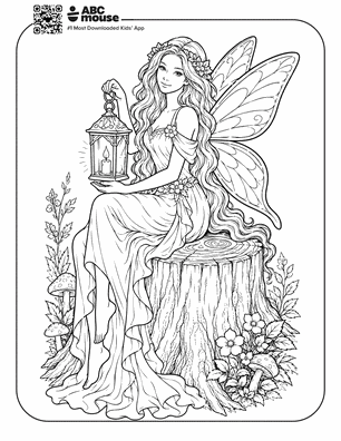 Fairy with long hair, lantern, and large wings sitting on a tree stump among flowers (coloring page).