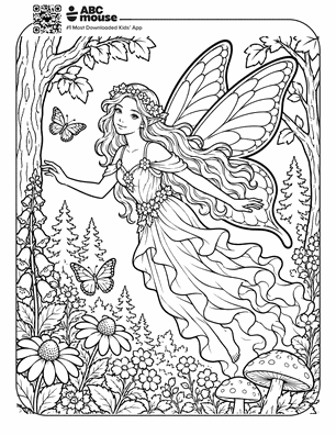 Line drawing of a fairy with a flowing gown and large wings, hovering over a flower-filled meadow with butterflies, trees, and mushrooms.