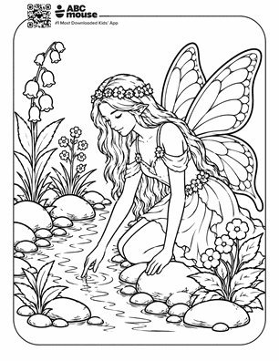 Fairy with a flower crown kneels beside a small stream, touching the water; large butterfly wings and a flowing dress, surrounded by rocks and flowers in a garden scene.