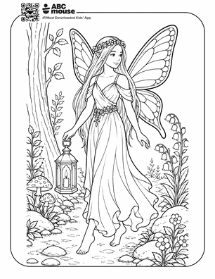 Coloring-page line drawing of a butterfly-winged fairy in a forest, barefoot, holding a lantern as she walks along a path.