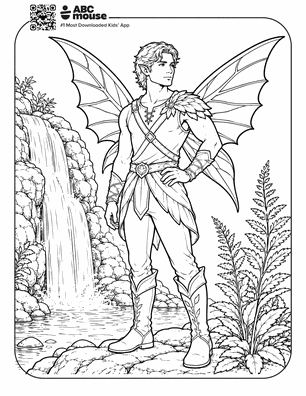 Line drawing of a winged male fantasy hero in armor standing on rocks beside a waterfall, with plants and a rounded border around the scene.