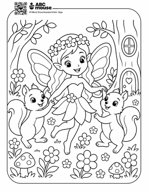 Fairy with a flower crown dancing with two squirrels in a flower-filled garden, near a small house with a round door.