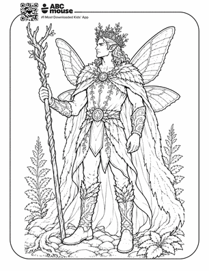 Winged king in ornate armor and cape, holding a tall staff with leafy embellishments, standing among plants.