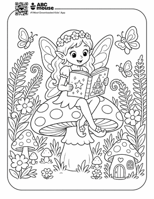 A cartoon fairy sits on a large spotted mushroom reading a book, surrounded by flowers, butterflies and smaller mushrooms in a whimsical garden.