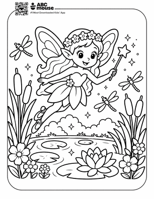 Fairy with a flower crown and wand flying above a pond surrounded by lilies and tall plants. oriented as a magical garden scene.