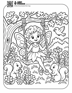 Little girl sits on a swing hanging from a tree, surrounded by flowers, birds, and two squirrels in a garden. Includes the ABC Mouse logo at the top edge.