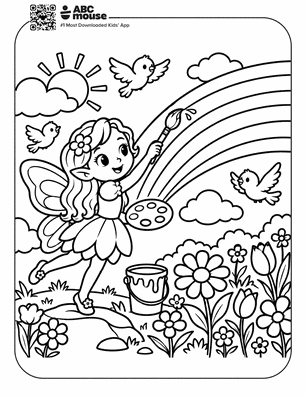 Fairy child painting a rainbow with a brush in a garden filled with flowers and birds.