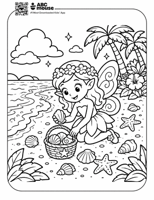 Whimsical fairy with a flower crown kneels on the beach, arranging seashells near the ocean with starfish and palm trees in the background (coloring-page style).