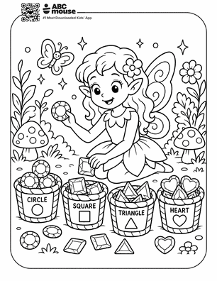 Fairy girl sits among flowers and mushrooms, sorting shapes into four baskets labeled circle, square, triangle, and heart.