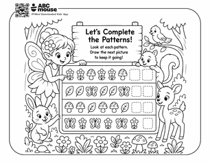 Children's activity page titled 'Let's Complete the Patterns!' with rows of repeating shapes and woodland characters around the border, inviting kids to complete patterns.