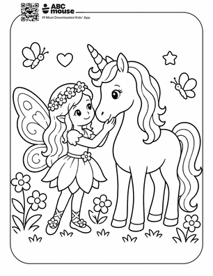 Line drawing of a winged fairy and a unicorn in a flower-filled meadow, touching noses lovingly.