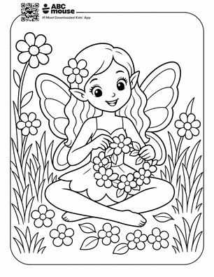 Fairy child with butterfly wings sits cross‑legged in a flower meadow, holding a bouquet of blossoms.