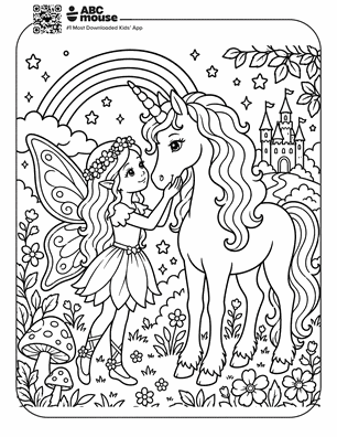 Fairy with wings touching noses with a unicorn in a magical garden with a castle in the background.