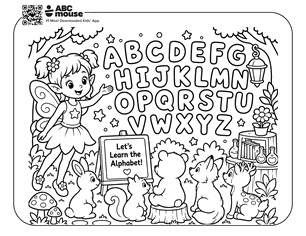 Young fairy beside an alphabet chart with letters A–Z and woodland animals, inviting kids to learn the alphabet.