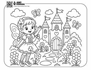 Coloring-page illustration of a smiling fairy girl with wings in a flower-filled garden, with butterflies and a castle in the background.