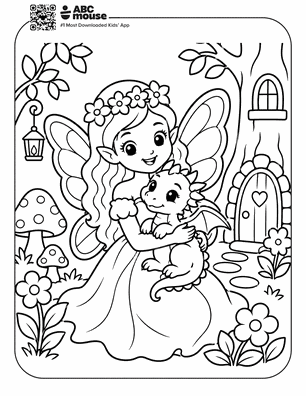 A cheerful fairy with flower crown holding a baby fairy in a garden with mushrooms, flowers, and a tiny house in the background.