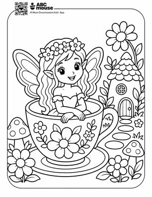 Fairy with a flower crown sits inside a decorated teacup in a flower-filled garden with a mushroom house nearby.