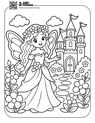 Fairy princess with a flower crown stands in a garden filled with flowers, with a castle in the background; a coloring page.