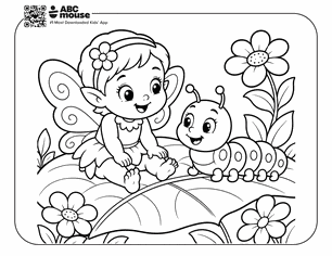 Cartoon fairy with wings and a flower in her hair sits on a leaf, chatting with a smiling caterpillar among flowers.