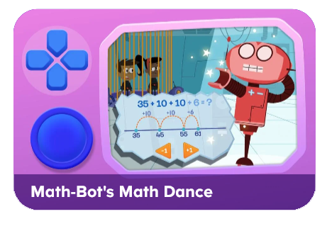 Colorful game badge titled Math-Bot's Math Dance, showing a cartoon robot solving a math problem on a screen with students in the background.