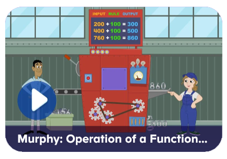 Cartoon workshop scene with two technicians operating a red machine that shows input–rule–output calculations on a screen.