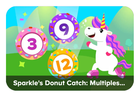 Playful cartoon: a unicorn on roller skates chases three colorful donuts labeled 3, 9, and 12 in a bright meadow.