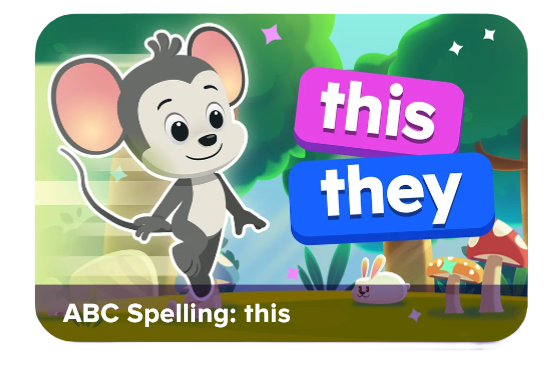 Cartoon mouse in a bright forest scene with pink and blue blocks reading 'this' and 'they'; caption 'ABC Spelling: this'
