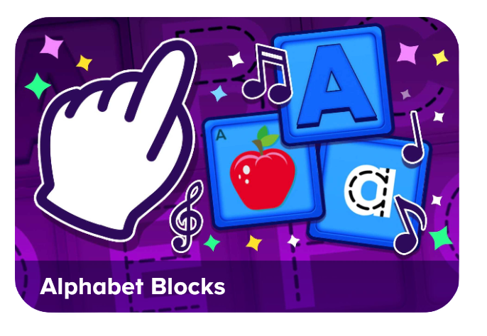 Interactive alphabet blocks game with a large white pointer hand, blue letter tiles, an apple image, and musical notes on a purple background (educational for kids).