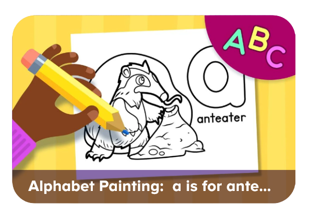 Illustration for the letter A: a hand colors a drawing of an anteater, with the word 'anteater' on the page and an ABC badge in the top-right corner.