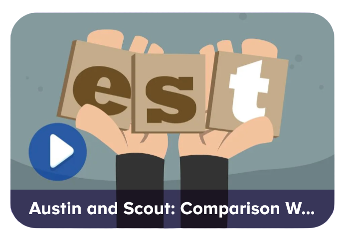 Video thumbnail with hands holding letter tiles that spell 'est', a blue play button, and a caption reading 'Austin and Scout: Comparison...'.
