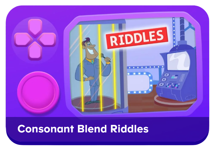 Game card titled 'Consonant Blend Riddles' with purple game controls on a bright purple background and a cartoon man behind glass near an arcade machine.