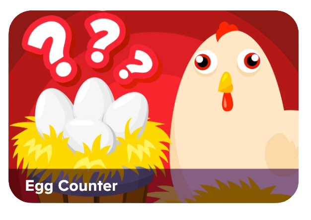 Cartoon chicken beside a nest of white eggs with red question marks, for an egg counter game icon