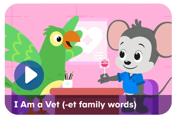 Cartoon parrot and mouse in a pink veterinary clinic; mouse in scrubs offers a treat as a vet lesson for kids