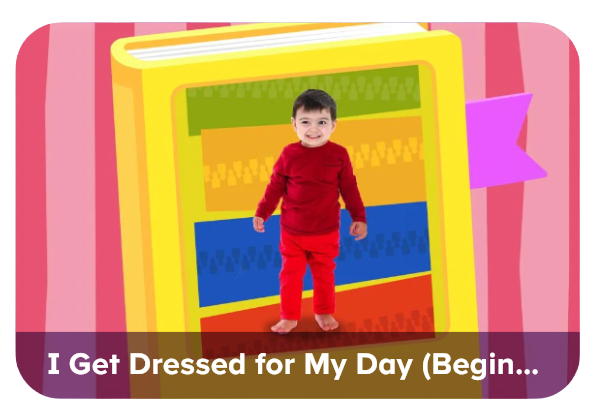 Child in red outfit standing on a bright rainbow-colored book cover against a pink background, about getting dressed.