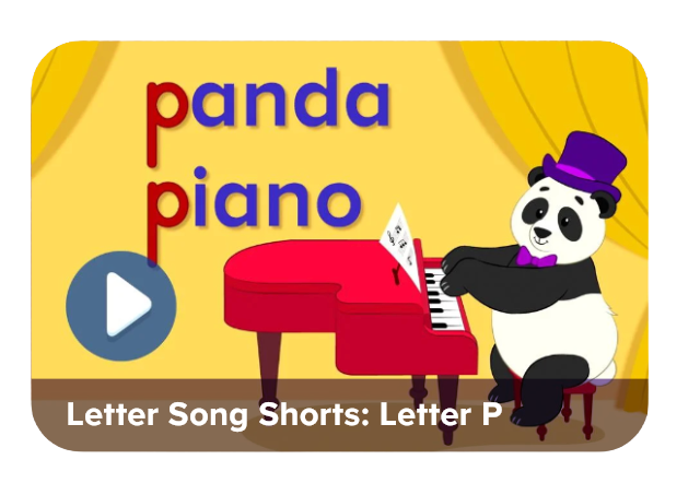Cartoon panda wearing a purple hat plays a red grand piano on a yellow stage; overlay shows 'panda piano' and a play button.