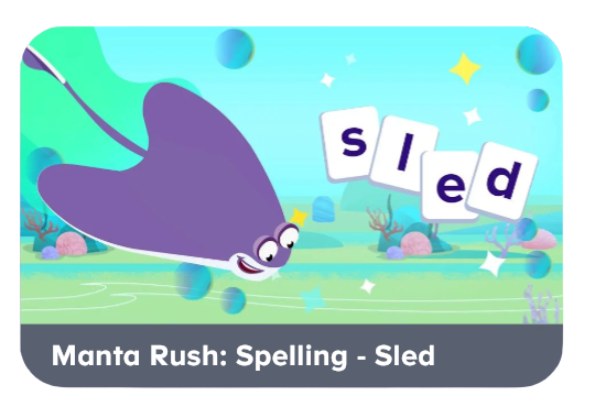 Cheerful purple manta ray swims underwater beside floating letter tiles spelling out S I E D, on a colorful kids' spelling game cover for 'Manta Rush: Spelling - Sled'.