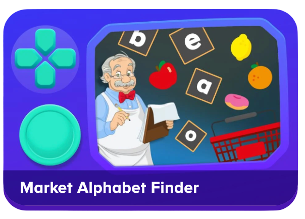 App icon for Market Alphabet Finder featuring a cartoon chef beside a chalkboard with letters and fruit, framed in purple with game-style controls.
