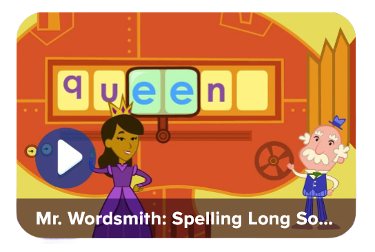 Cartoon game screen: queen arranging tiles to spell 'queen,' with a play button on the left and an old man on the right.