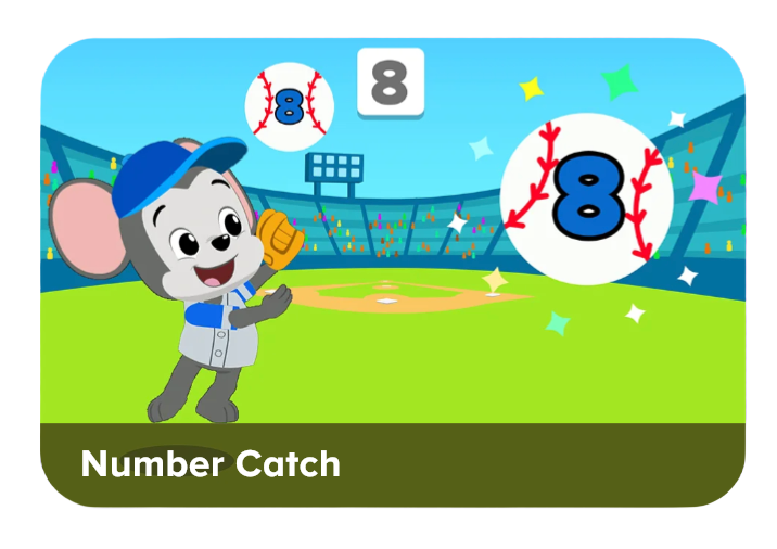 Cartoon mouse in a baseball uniform catching a blue 8 on a baseball field, part of the educational game 'Number Catch'.