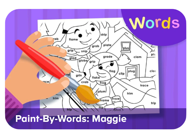 Hand holding a red paintbrush coloring a word-themed page filled with labeled words; a purple banner shows the title 'Paint-By-Words: Maggie'.